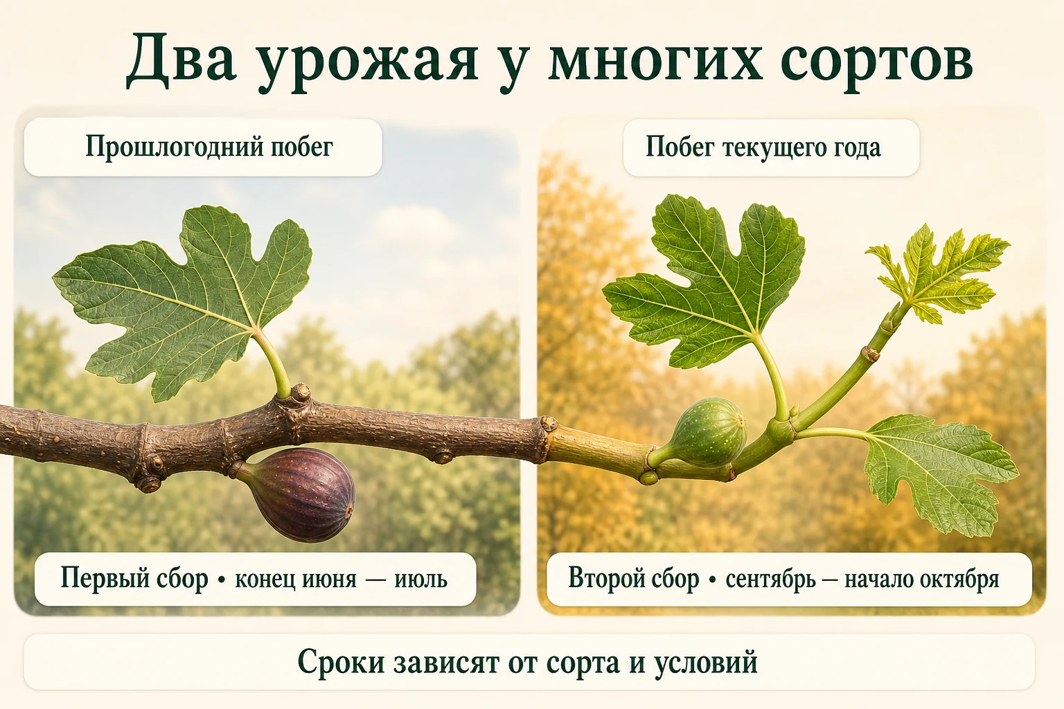 Первый урожай инжира на прошлогоднем побеге и второй на побеге текущего года с примерными сроками созревания.