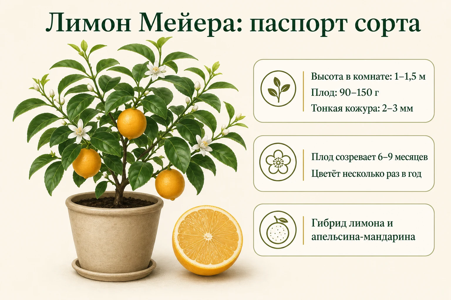 Паспорт лимона Мейера: высота 1–1,5 м, округлые плоды 90–150 г, тонкая кожура и несколько волн цветения.