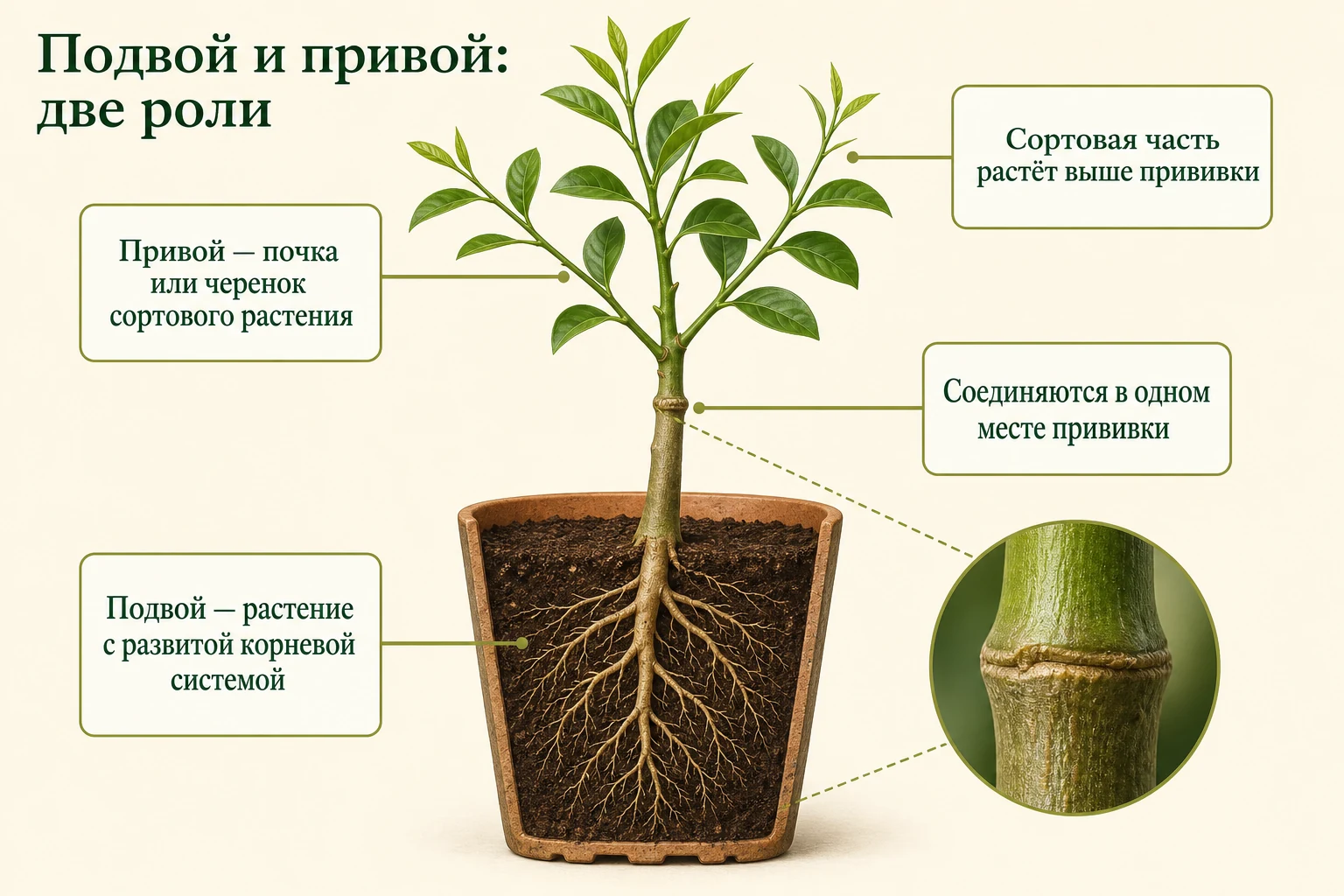 Одно привитое цитрусовое растение: подвой образует корни, а сортовой привой растёт выше единственного места прививки.