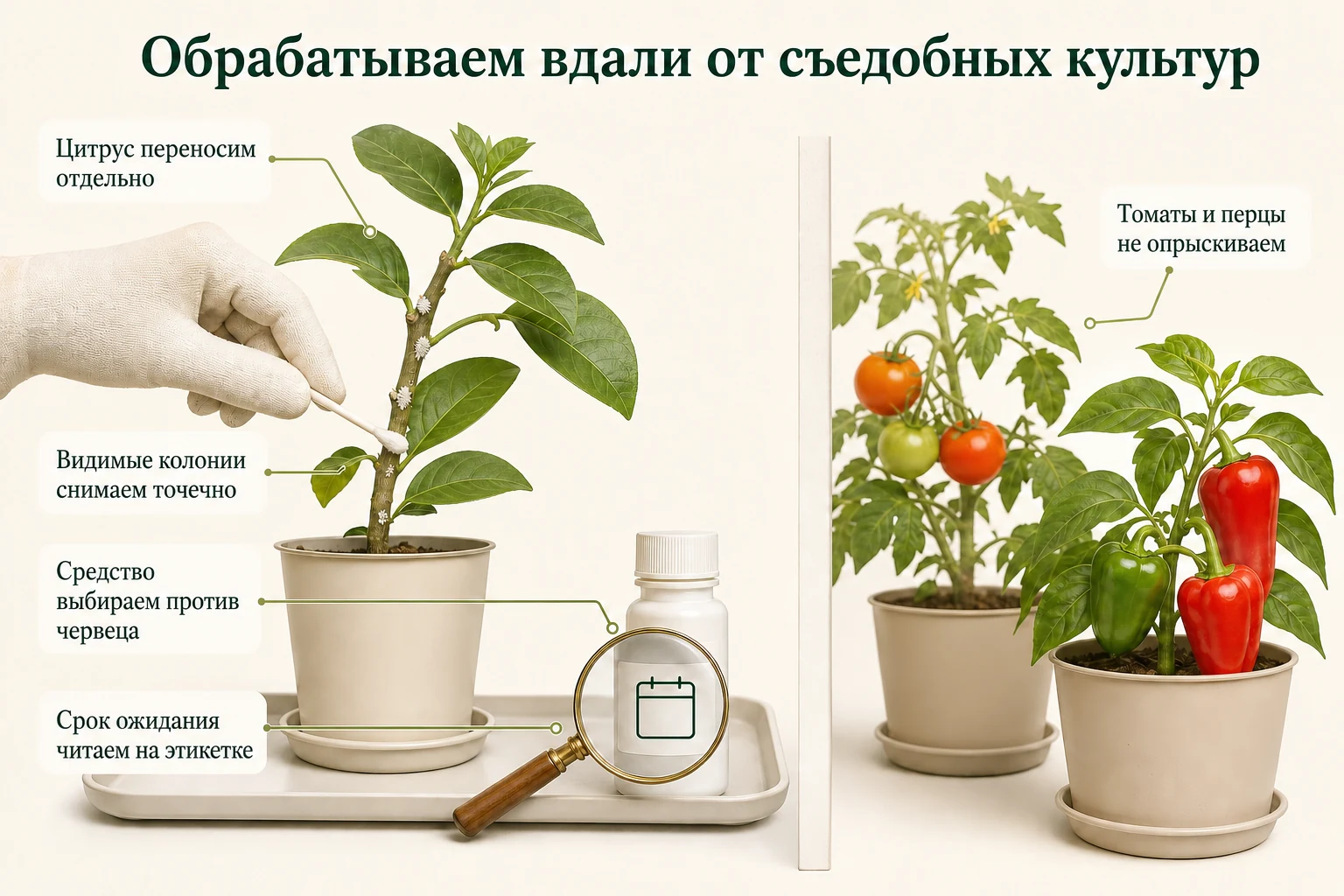 Цитрус с мучнистым червецом переносят от томатов и перцев, колонии снимают точечно, а срок ожидания сверяют по этикетке средства.