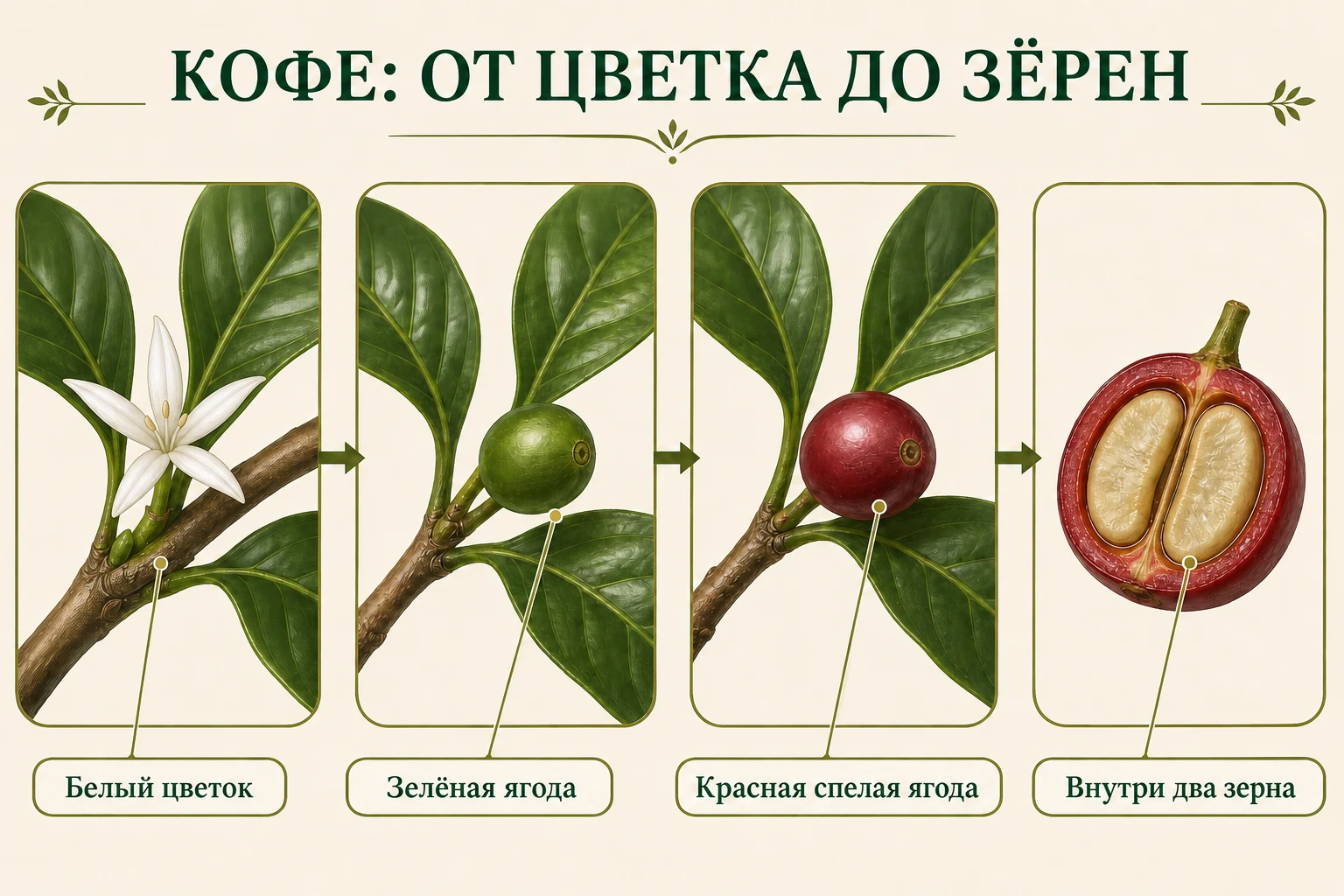 Стадии кофе арабика от белого цветка и зелёной ягоды до красного плода с двумя зёрнами.