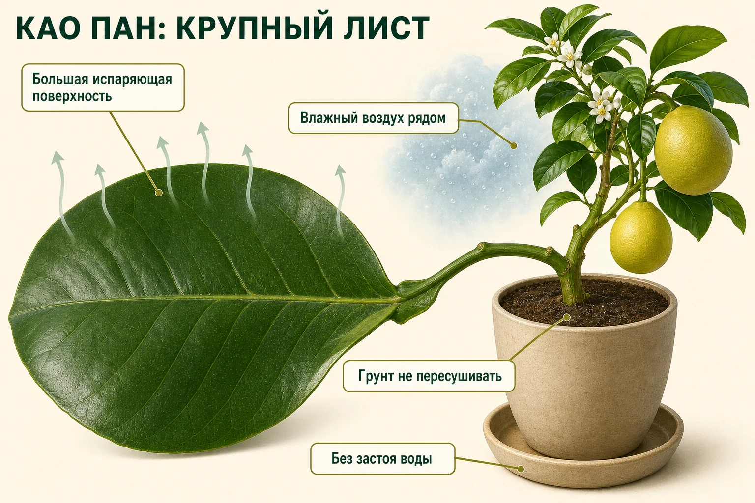 Крупный крылатый лист помело Као Пан, испаряющий воду, и равномерно влажный субстрат без застоя.