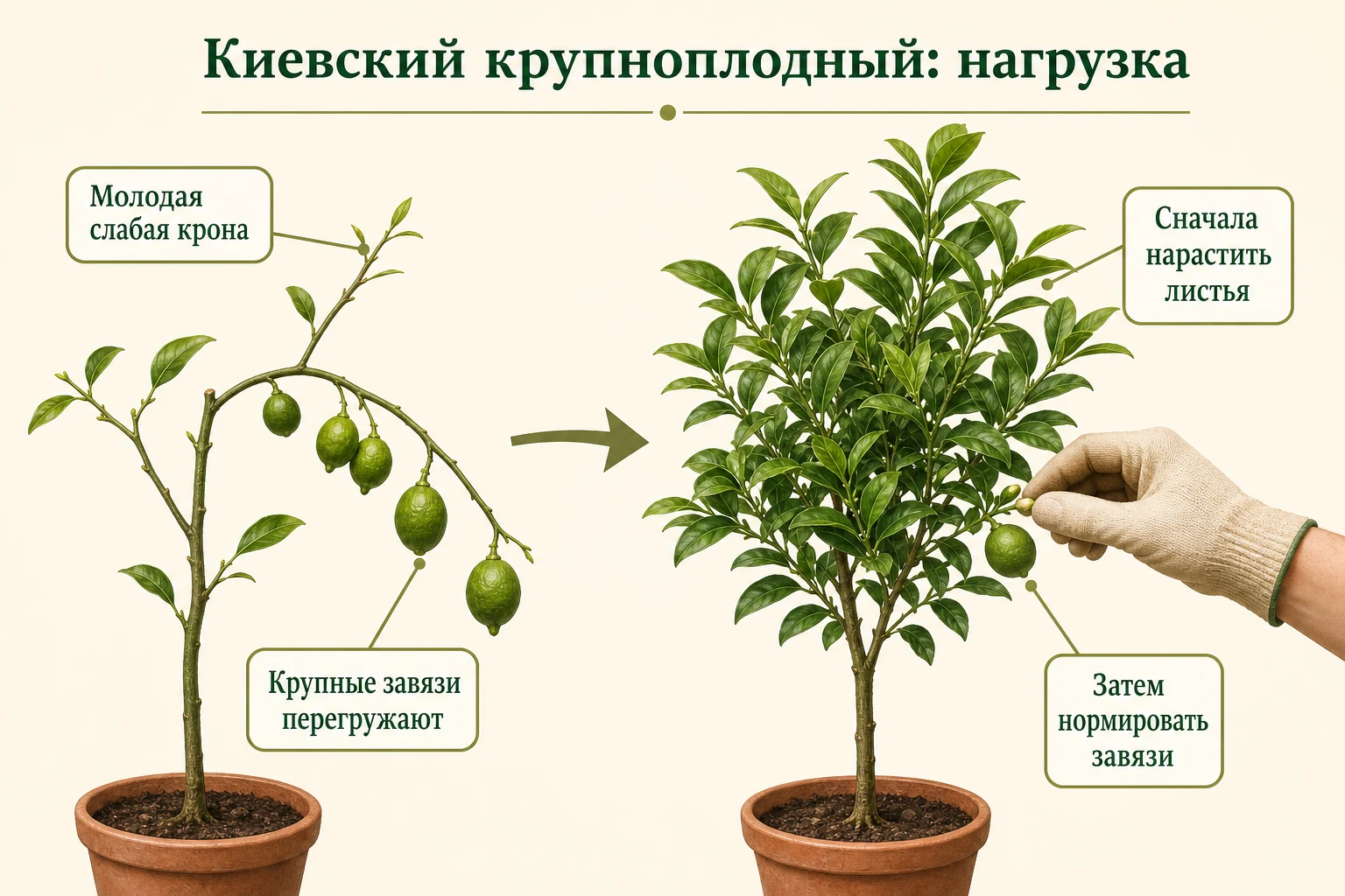 Схема показывает, почему молодому Киевскому крупноплодному сначала наращивают крону, а затем нормируют завязи.