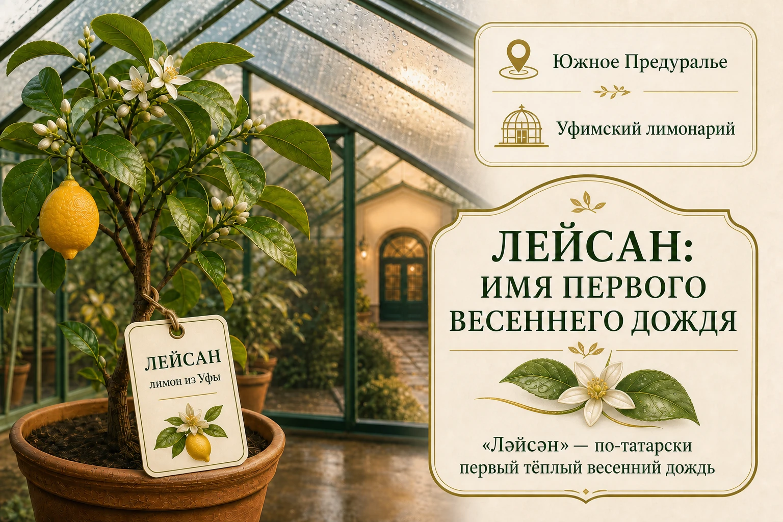 Лимон Лейсан в уфимской теплице и символ первого тёплого весеннего дождя, давшего сорту имя.