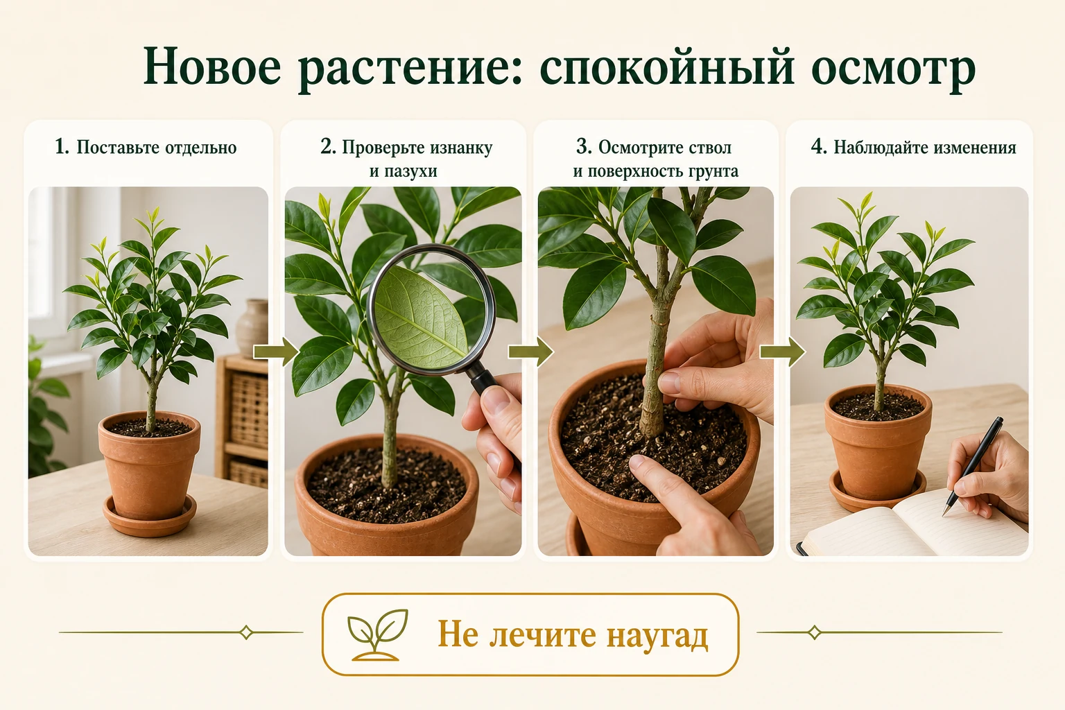 Последовательный осмотр нового цитруса: отдельно поставить, проверить изнанку листьев, ствол и грунт, наблюдать изменения.