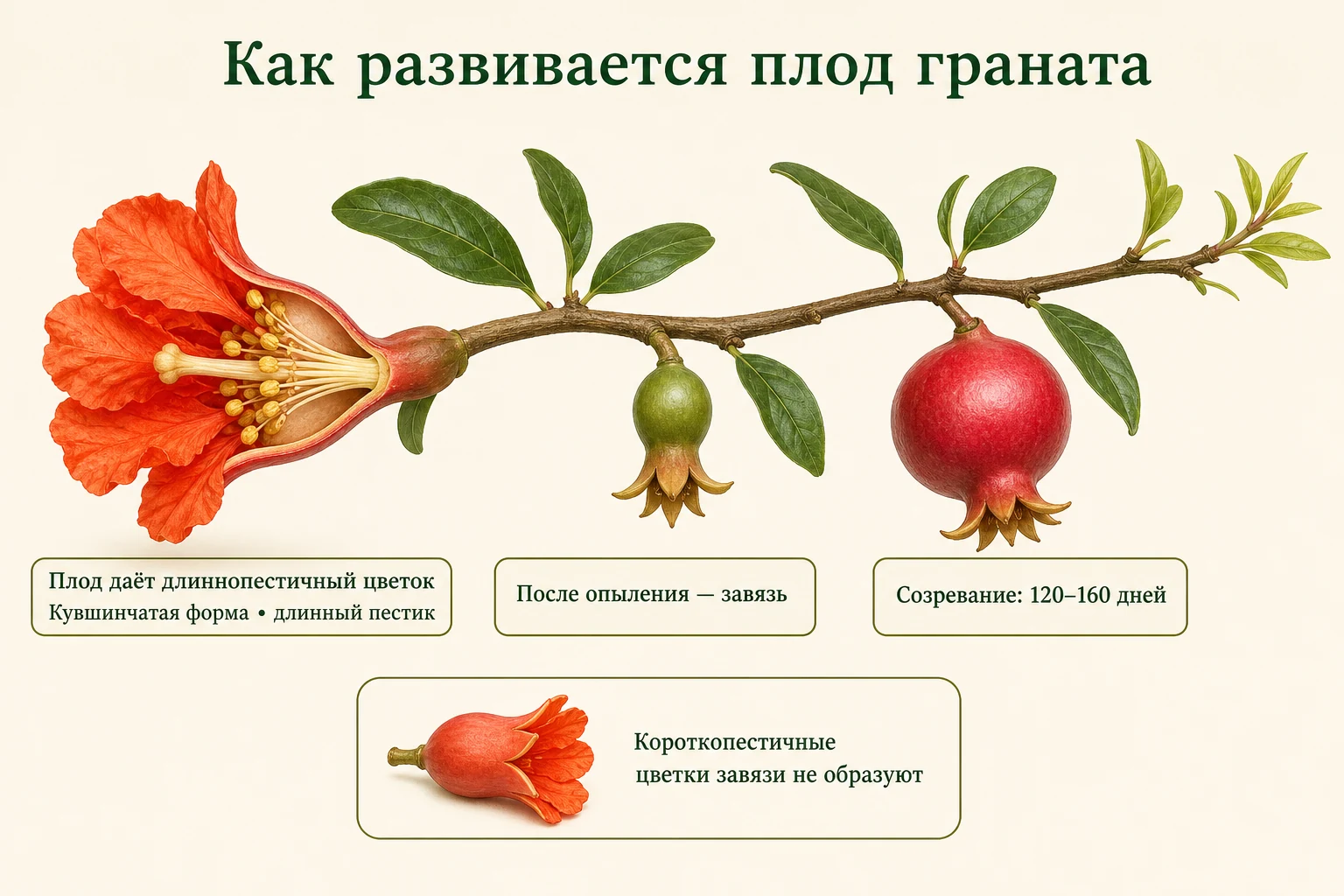 Длиннопестичный цветок граната, молодая завязь и зрелый плод на одной логичной ветви; созревание занимает 120–160 дней.