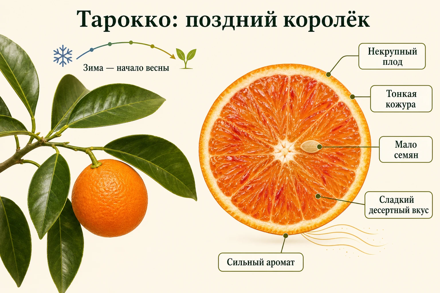 Некрупный плод Тарокко на ветви и разрез с тонкой кожурой, малым числом семян и оранжево-красной мякотью.