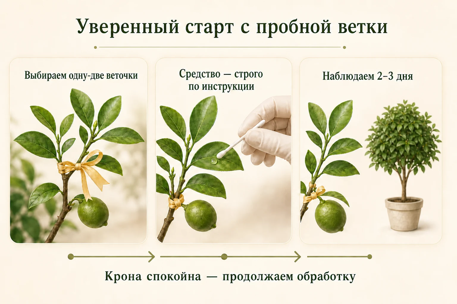 Три шага проверки средства на одной-двух веточках цитруса перед обработкой всей кроны.