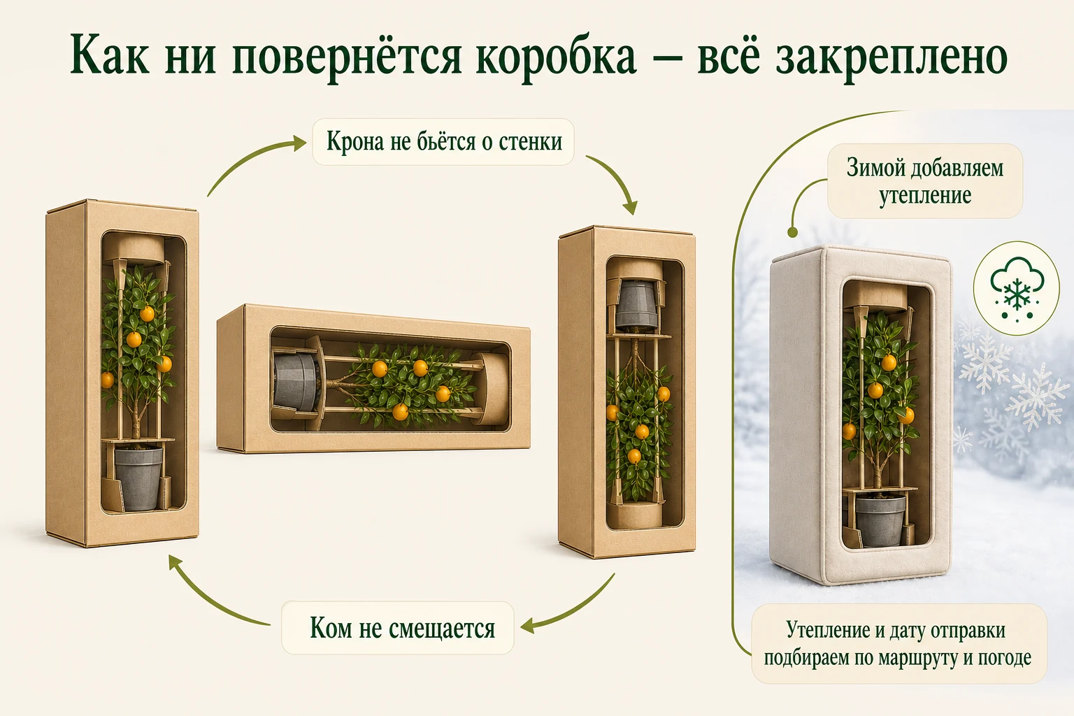 Зафиксированный саженец поворачивается вместе с транспортной коробкой; зимой вокруг защитной упаковки добавляется утепление.