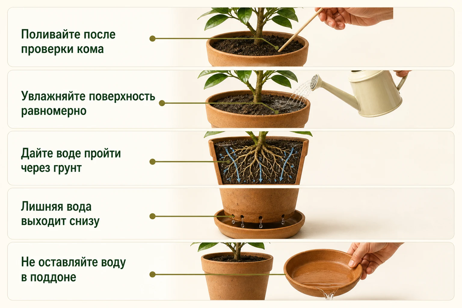 Последовательность полива цитруса от проверки кома до удаления воды из поддона.
