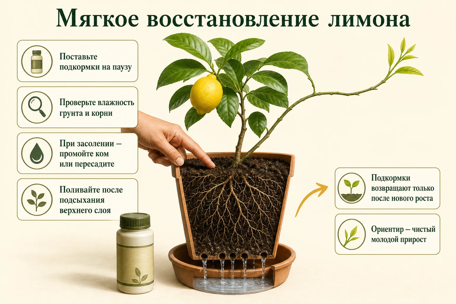Мягкое восстановление лимона: пауза в подкормках, проверка грунта и корней, промывка или пересадка и ожидание чистого нового прироста.