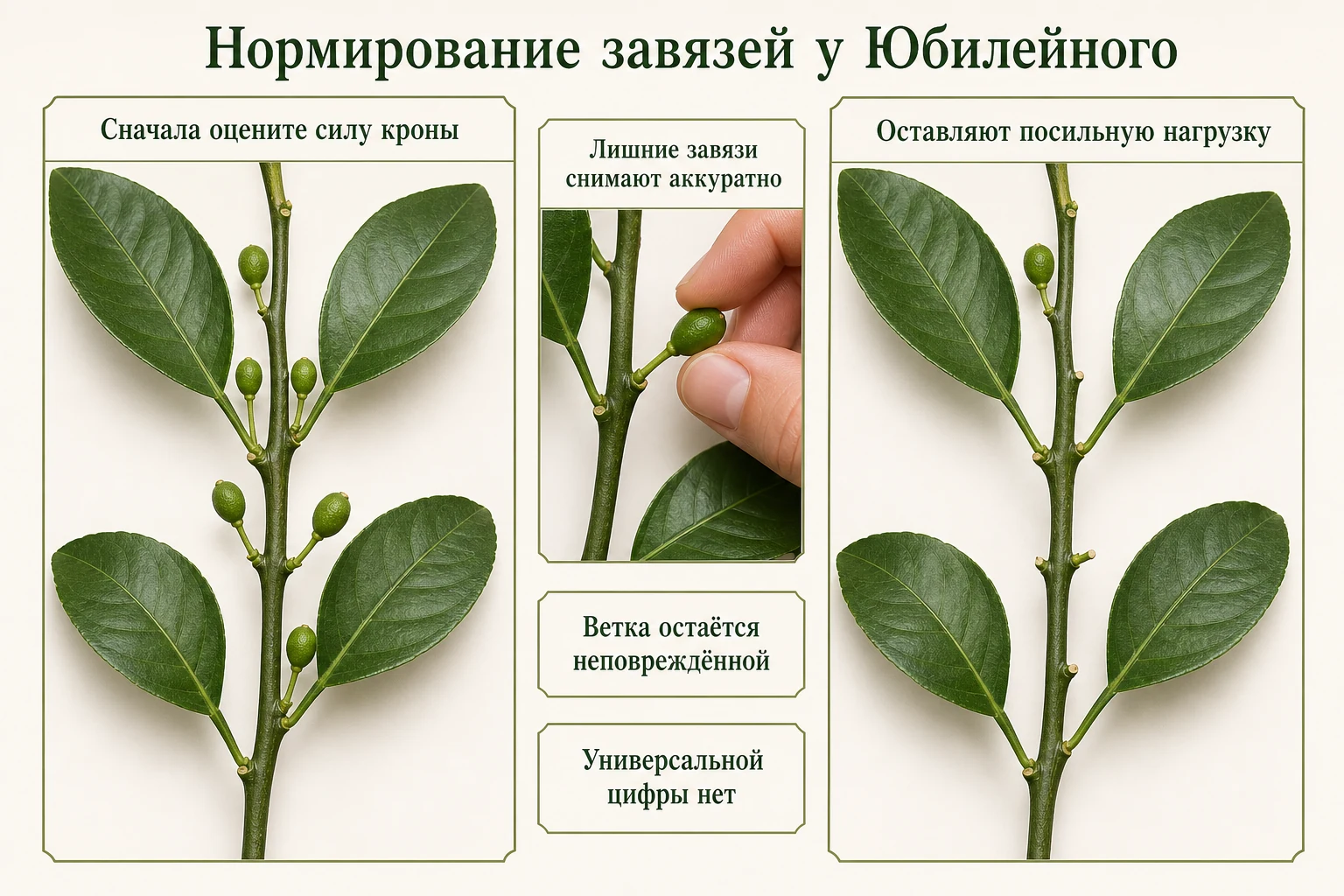 Нормирование завязей Юбилейного лимона после оценки силы молодой кроны.