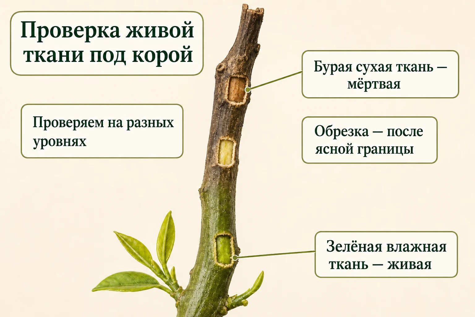 Осторожная проверка ветви лимона: зелёная влажная ткань под корой живая, бурая сухая — мёртвая.