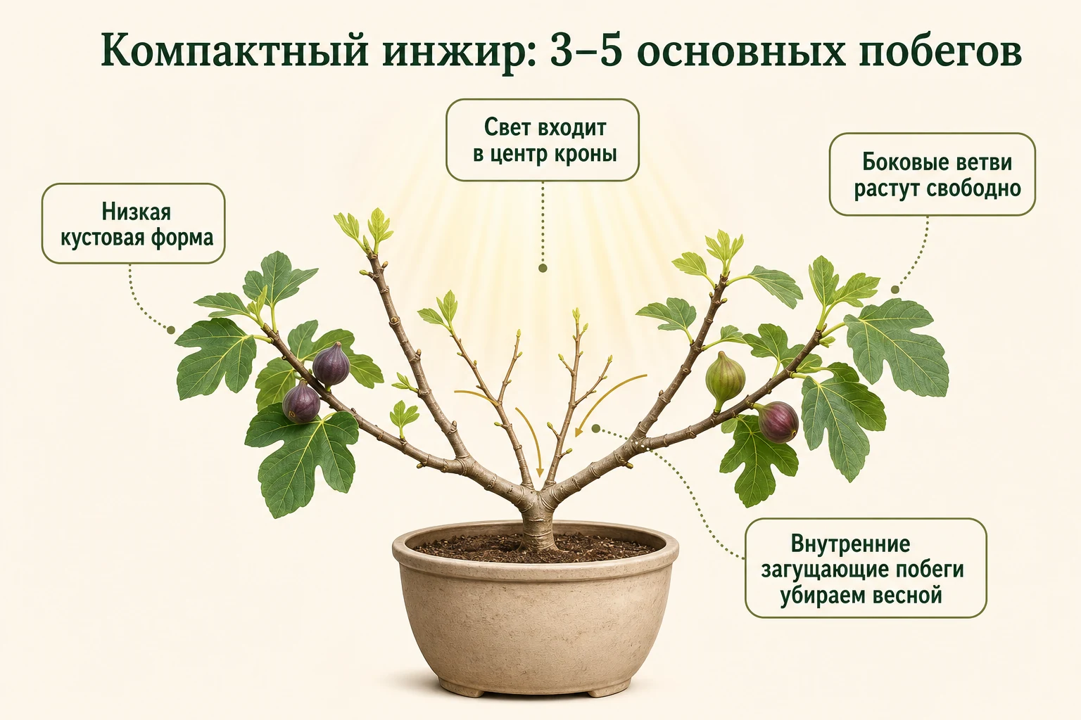 Низкая кустовая формировка комнатного инжира с 3–5 основными побегами и открытым центром кроны.