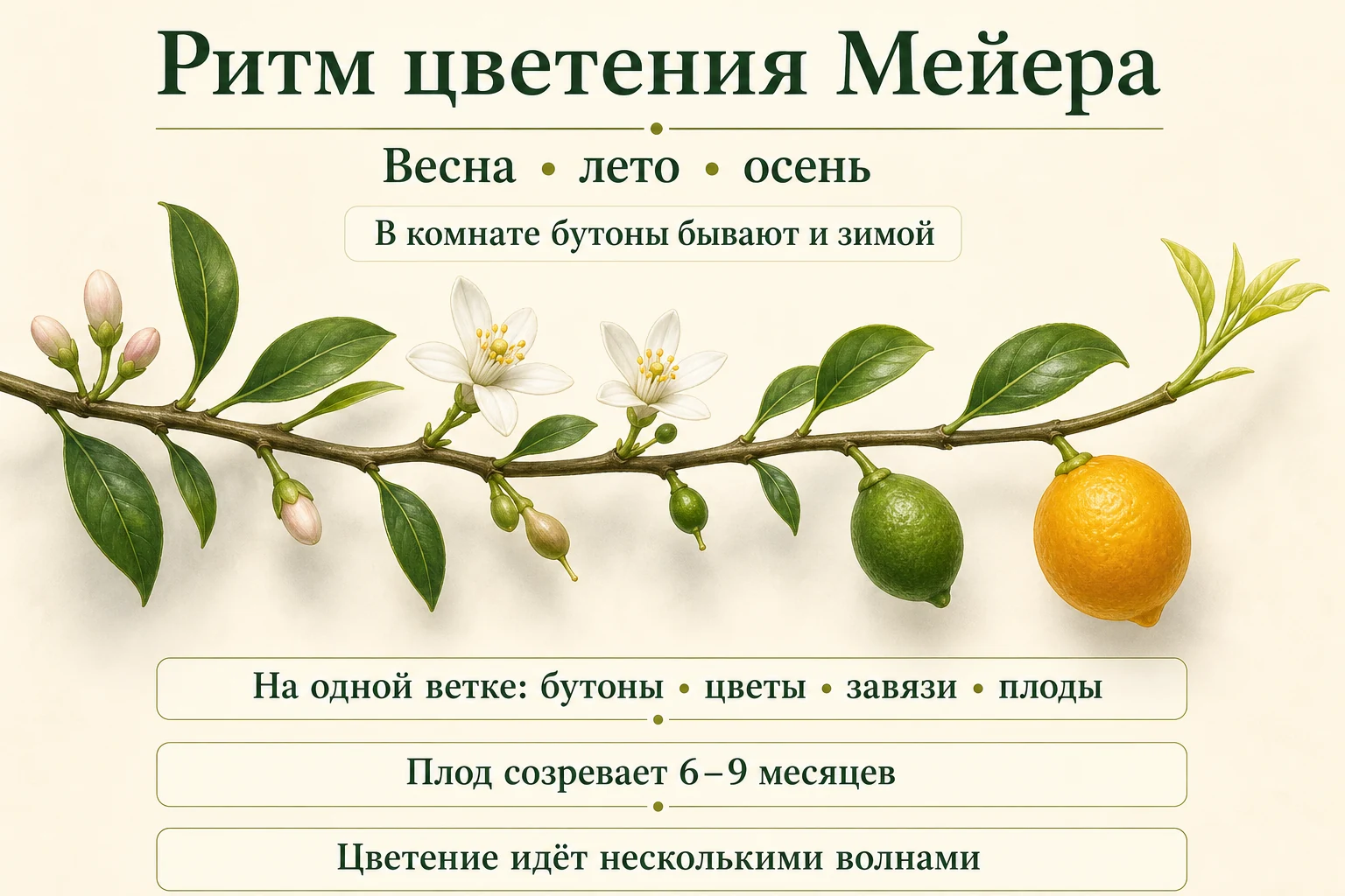 Одна ветвь лимона Мейера с бутонами, цветками, завязями и плодами: цветение весной, летом, осенью и иногда зимой в комнате.