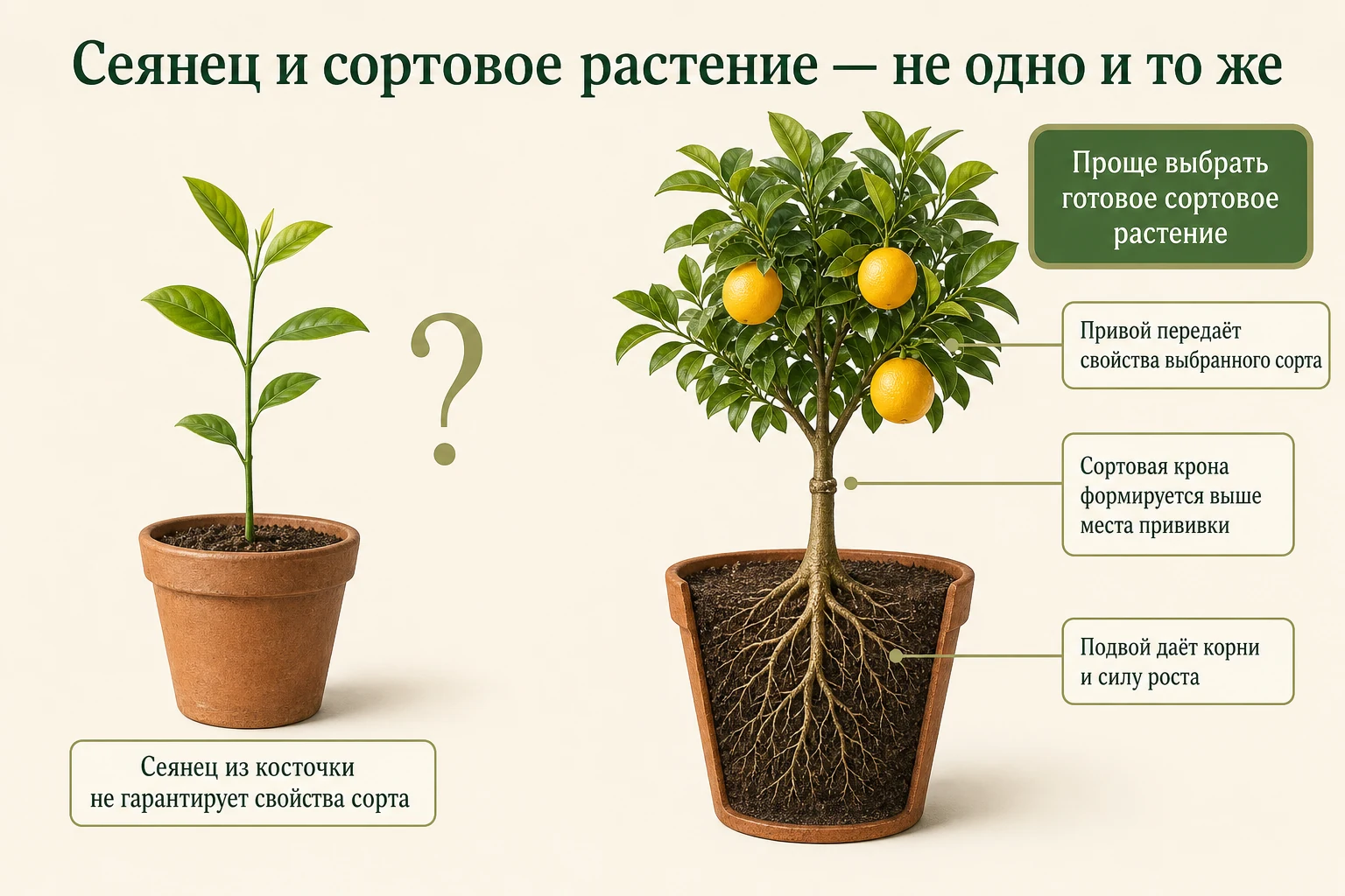 Сравнение сеянца из косточки и готового привитого сортового цитруса с кроной выше места прививки.