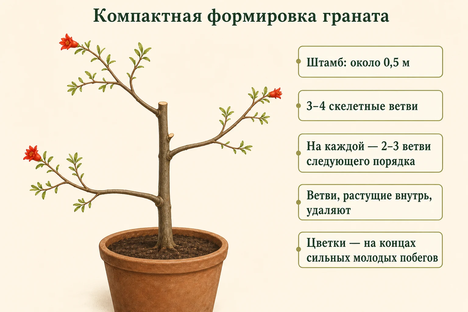 Открытая формировка горшечного граната: штамб около 0,5 м, четыре скелетные ветви и молодые цветущие побеги на концах.