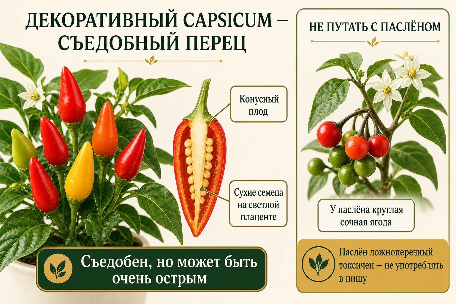 Сравнение конусного сухосемянного плода Capsicum и круглой сочной ягоды паслёна ложноперечного.