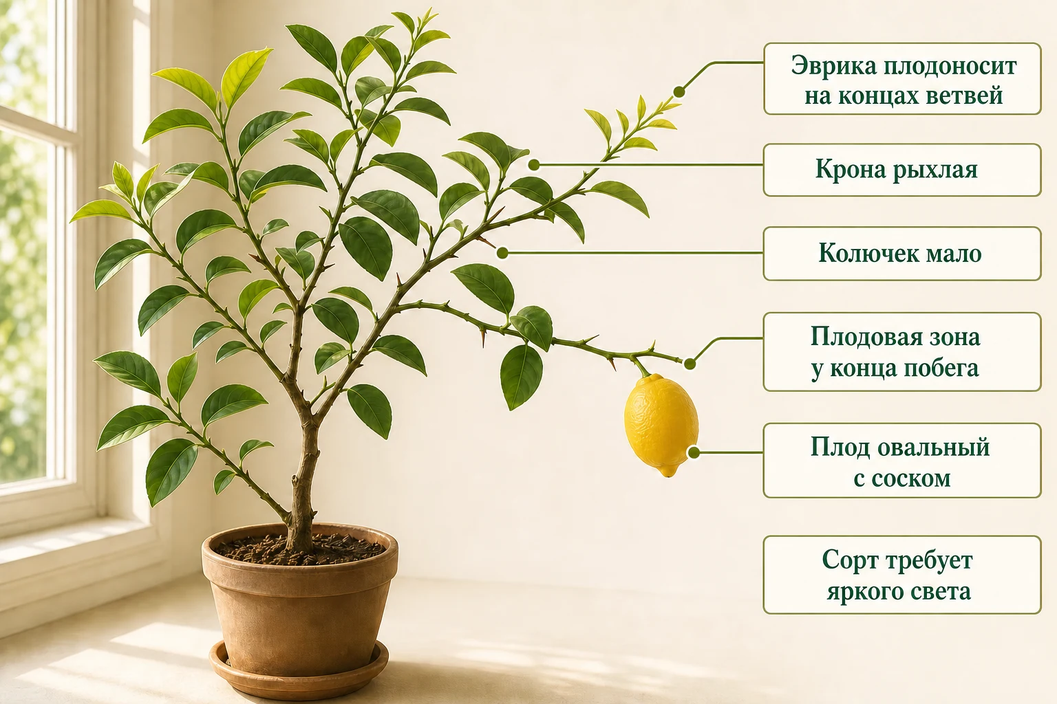 Рыхлая крона лимона Эврика с овальным плодом на терминальном конце побега.