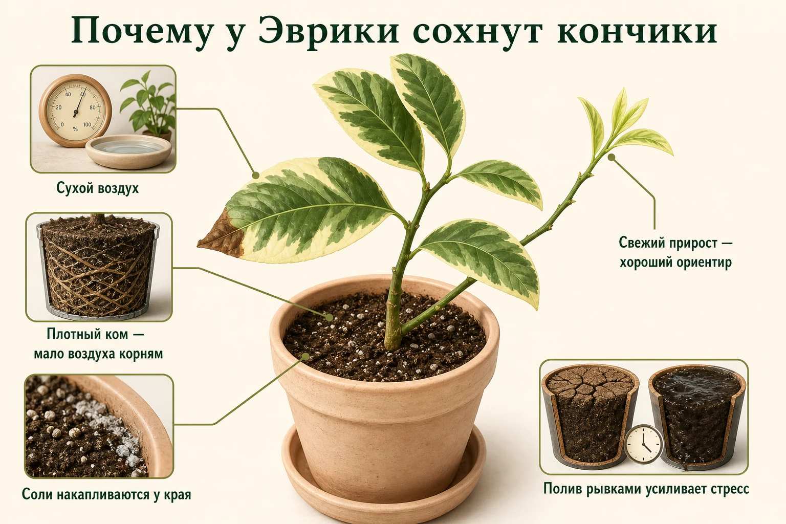 Сухой воздух, плотный ком, соли и неравномерный полив могут подсушивать кончики вариегатной Эврики; ориентир улучшения — чистый новый прирост.