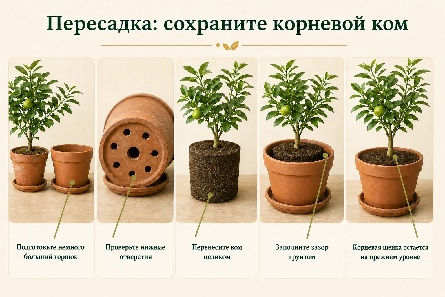 Последовательность перевалки лимона с целым корневым комом в немного больший горшок.