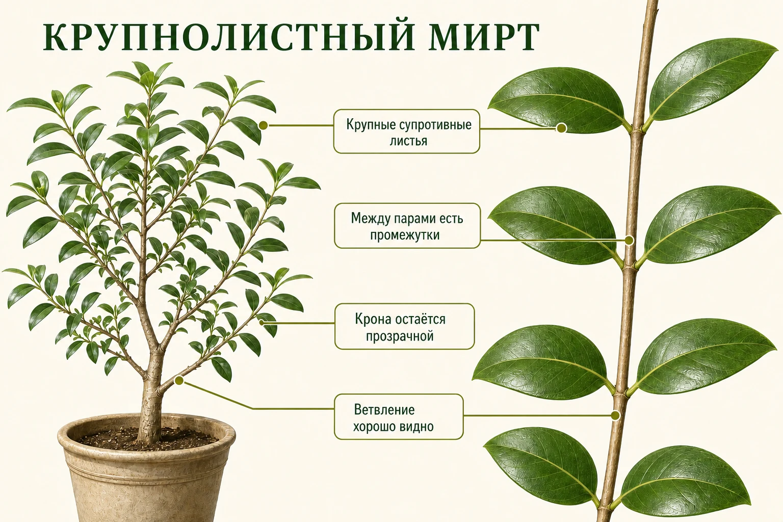Крупнолистный мирт с супротивными листьями, заметными междоузлиями и прозрачной кроной.