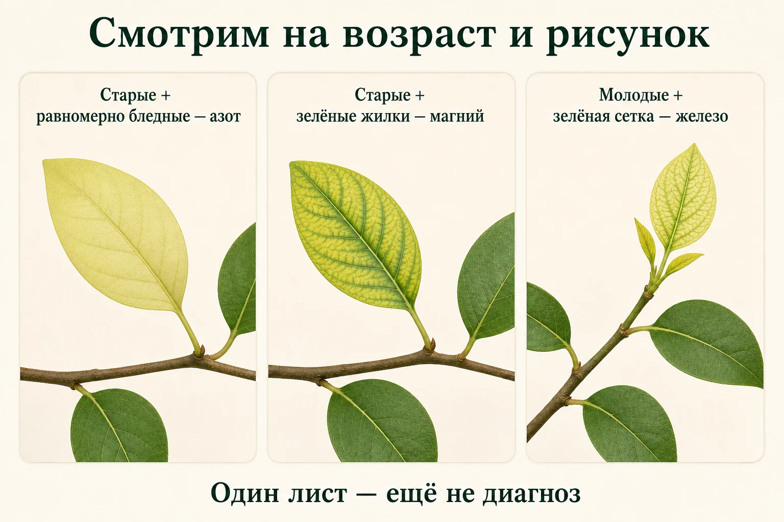 Три диагностических рисунка: равномерное посветление старого листа, межжилковый хлороз старого листа и зелёная сетка на молодом листе.