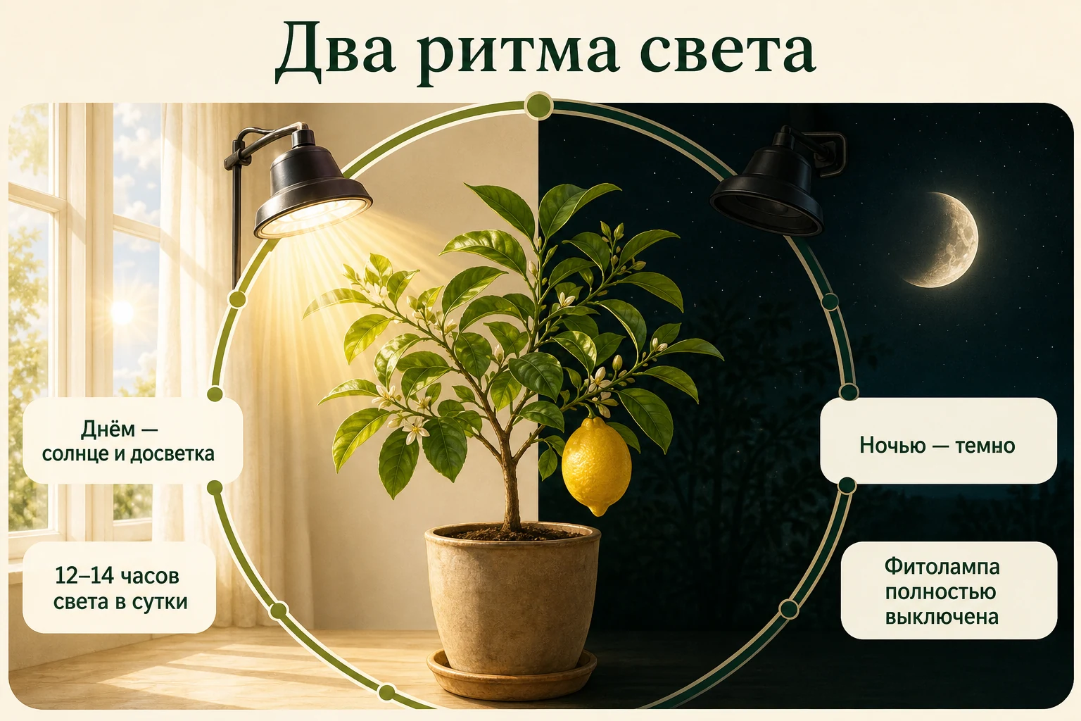 Суточный ритм цитруса: 12–14 часов дневного света и досветки, затем обязательная тёмная ночь с выключенной фитолампой.