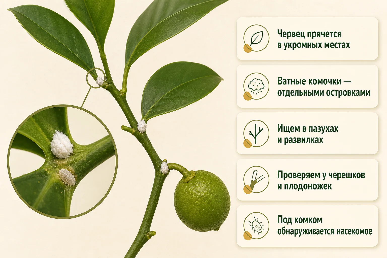 Места, где прячется мучнистый червец: пазухи, развилки, основания черешков и плодоножек.