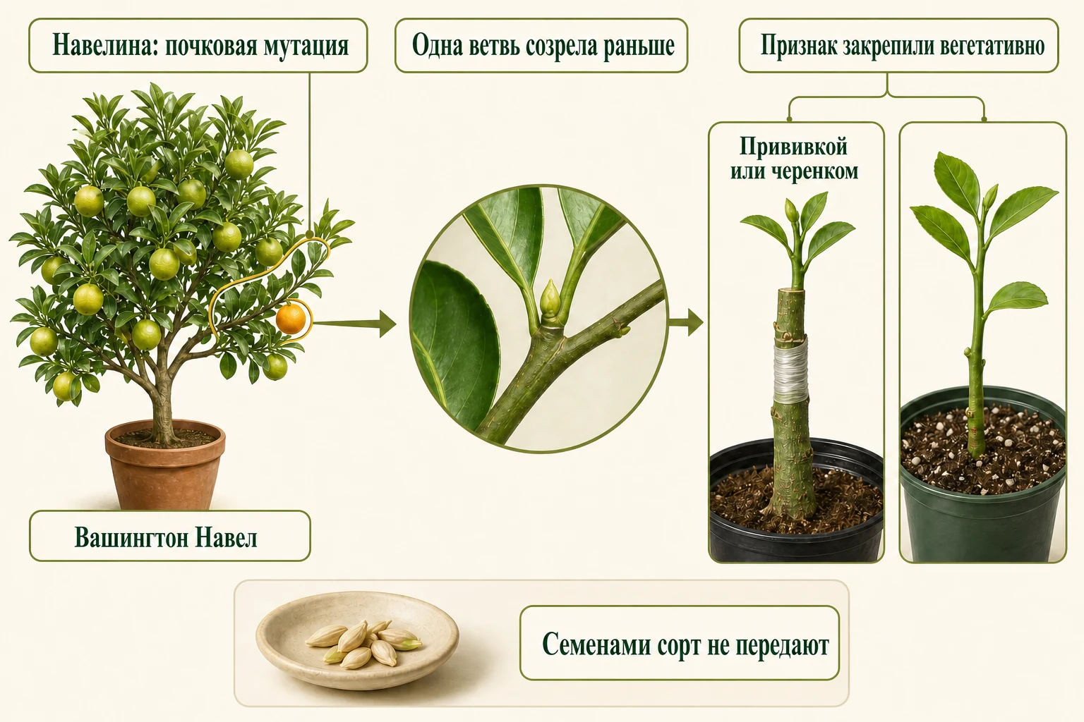 Происхождение Навелины из рано созревшей ветви Вашингтон Навела и закрепление признака прививкой или черенком.