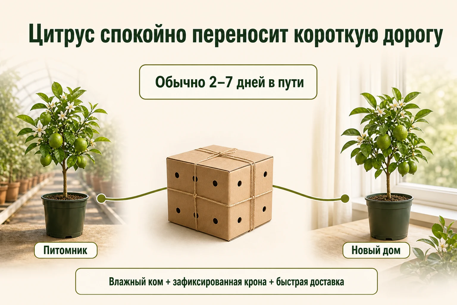Путь цитрусового саженца от питомника до нового дома: обычно 2–7 дней в закреплённой упаковке с влажным земляным комом.