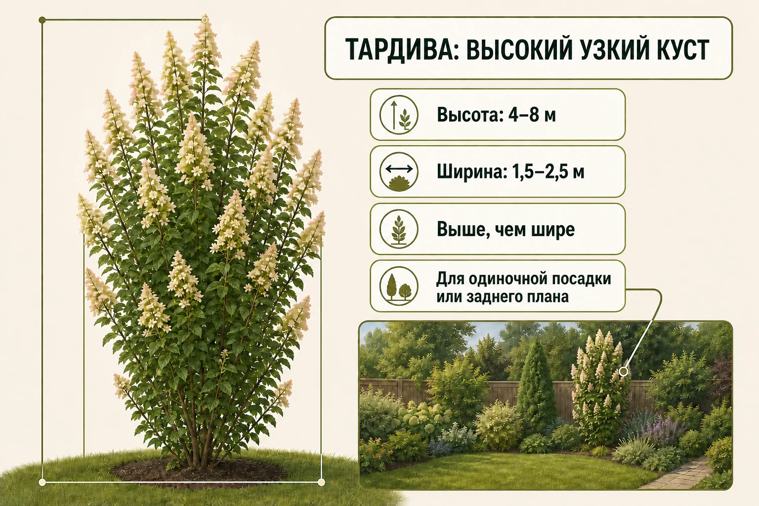 Один высокий сравнительно узкий куст Тардивы с диапазонами высоты 4–8 м и ширины 1,5–2,5 м.