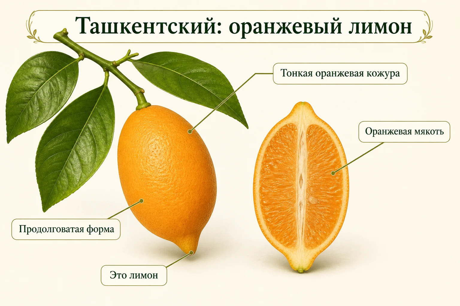 Цельный плод и разрез Ташкентского лимона с тонкой оранжевой кожурой и оранжевой мякотью.