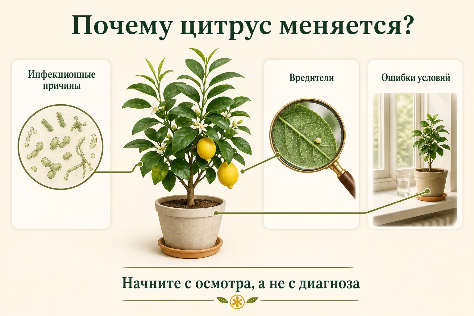 Три группы возможных причин изменений цитруса: инфекции, вредители и ошибки условий содержания.