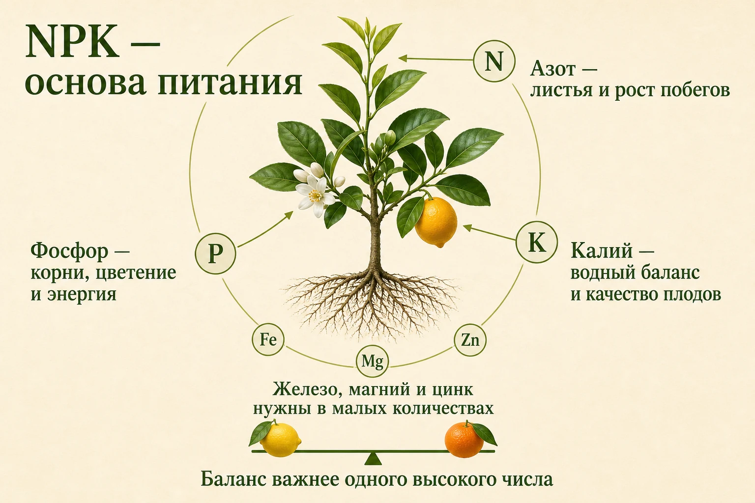 NPK и микроэлементы: роли без путаницы: наглядная схема для комнатных цитрусов
