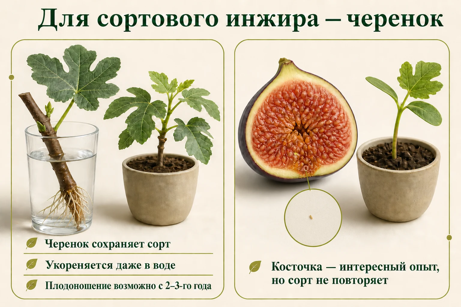 Сравнение размножения инжира черенком, который сохраняет сорт, и мелкими семенами, дающими новый сеянец.