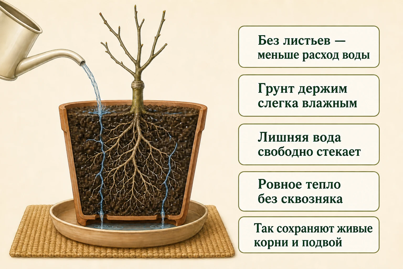Безлистный привитый цитрус в разрезе горшка: слегка влажный грунт, свободный дренаж и ровное тепло.