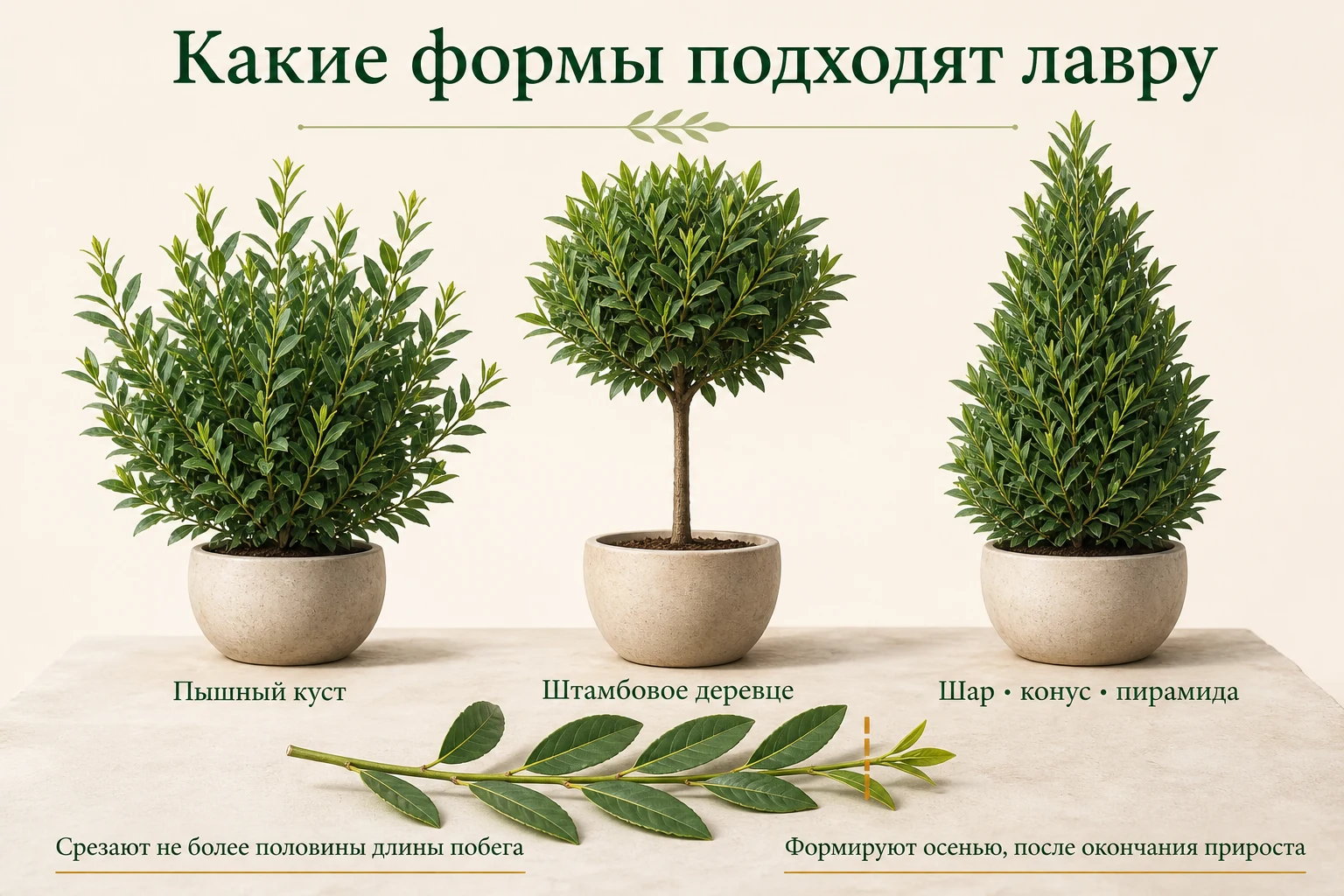 Формы комнатного лавра: пышный куст, штамбовое деревце, шар, конус и пирамида; побеги укорачивают не более чем наполовину.