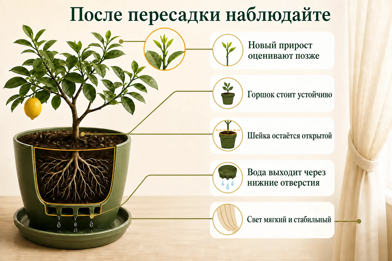 Проверка устойчивости горшка, дренажа, уровня шейки и стабильного света после пересадки.