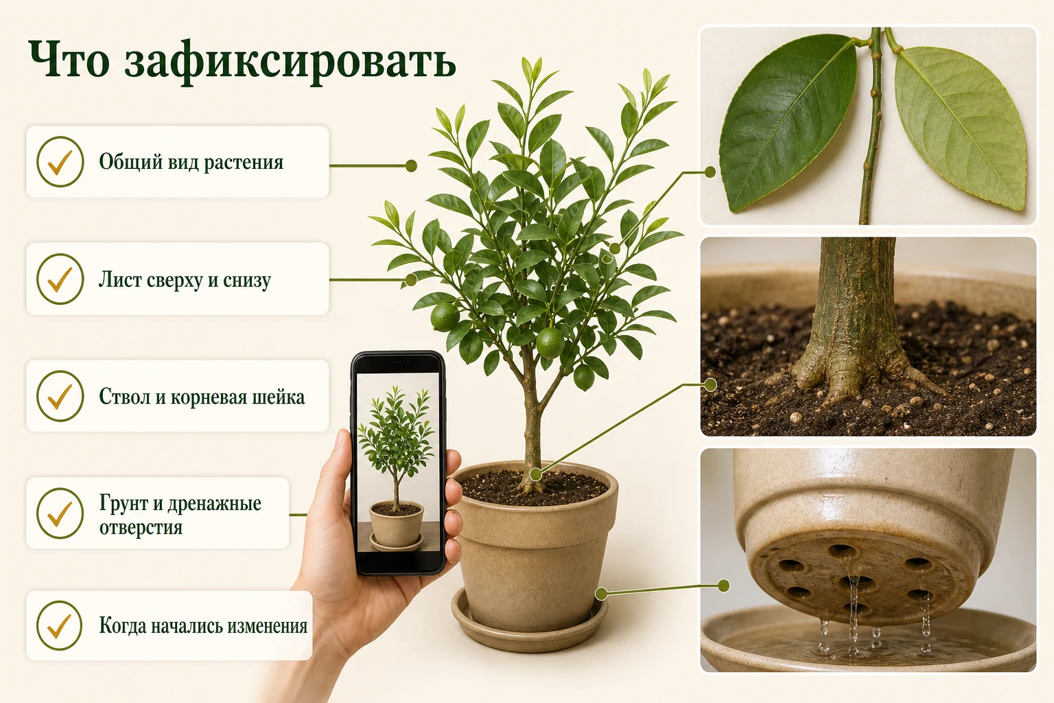 Памятка, какие фотографии и наблюдения собрать: растение целиком, обе стороны листа, ствол, грунт и дренаж.