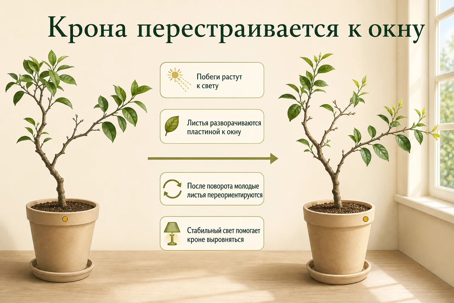 После поворота горшка вместе с лимоном молодые листья и новые концы побегов постепенно ориентируются к окну.
