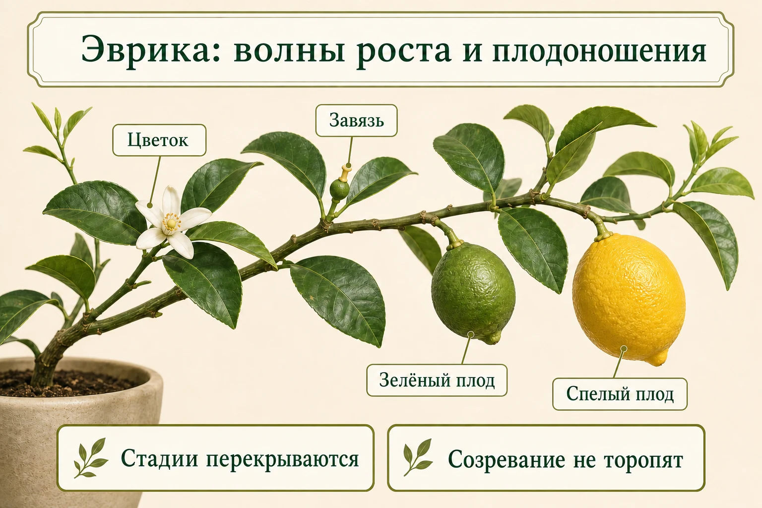 На одной ветви лимона Эврика одновременно видны цветок, завязь, зелёный и спелый плоды.