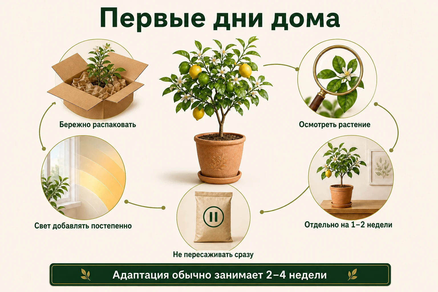 Пять действий после получения цитруса: распаковать, осмотреть, поставить отдельно, не пересаживать сразу и постепенно возвращать яркий свет.