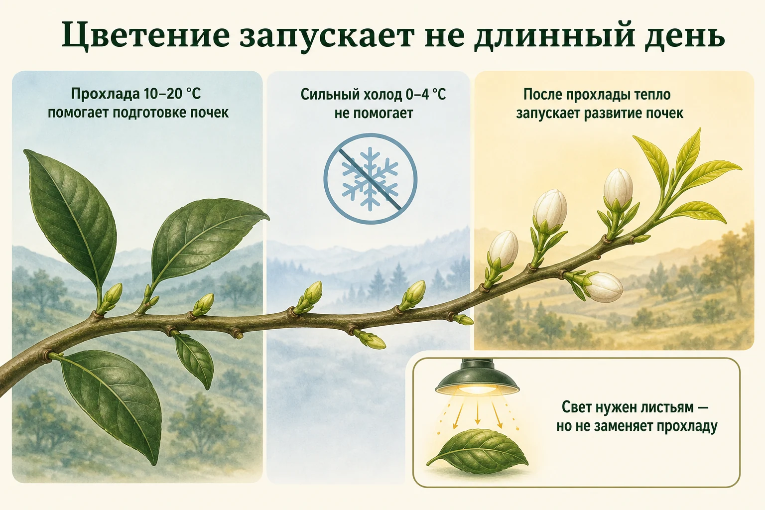 Подготовка цветочных почек цитруса при прохладе 10–20 °C и их развитие после последующего потепления.