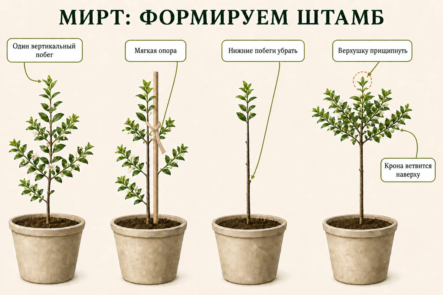 Четыре шага формирования штамба крупнолистного мирта: лидер, опора, удаление нижних побегов и прищипка верхушки.