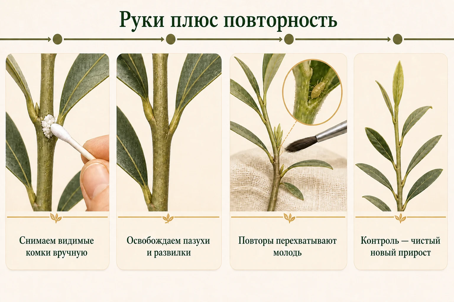 Последовательность борьбы с мучнистым червецом: ручное удаление комков, очистка пазух, повторный контроль и чистый новый прирост.