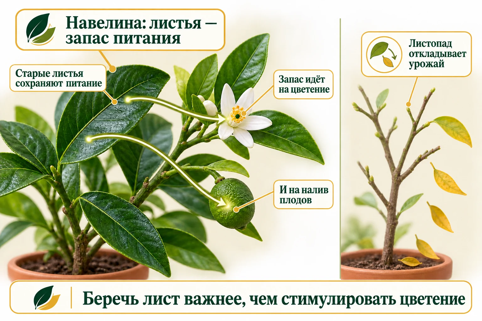 Старые листья Навелины передают запас питания цветку и молодому плоду, а листопад задерживает урожай.