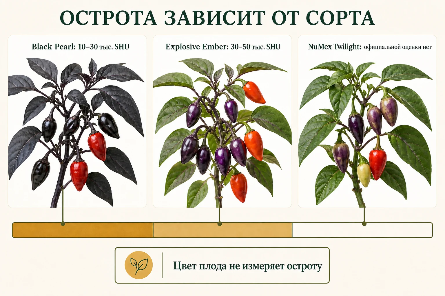 Три сорта декоративного перца с диапазонами Scoville для Black Pearl и Explosive Ember и пустой оценкой NuMex Twilight.