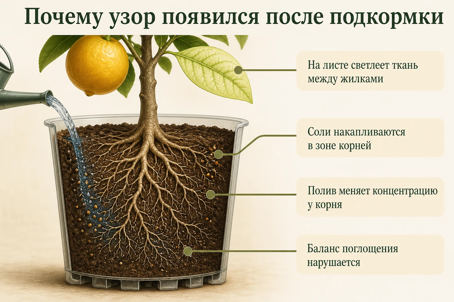 Разрез горшка показывает соли и воду в корневой зоне, а прикреплённый лист — светлую ткань между зелёными жилками.