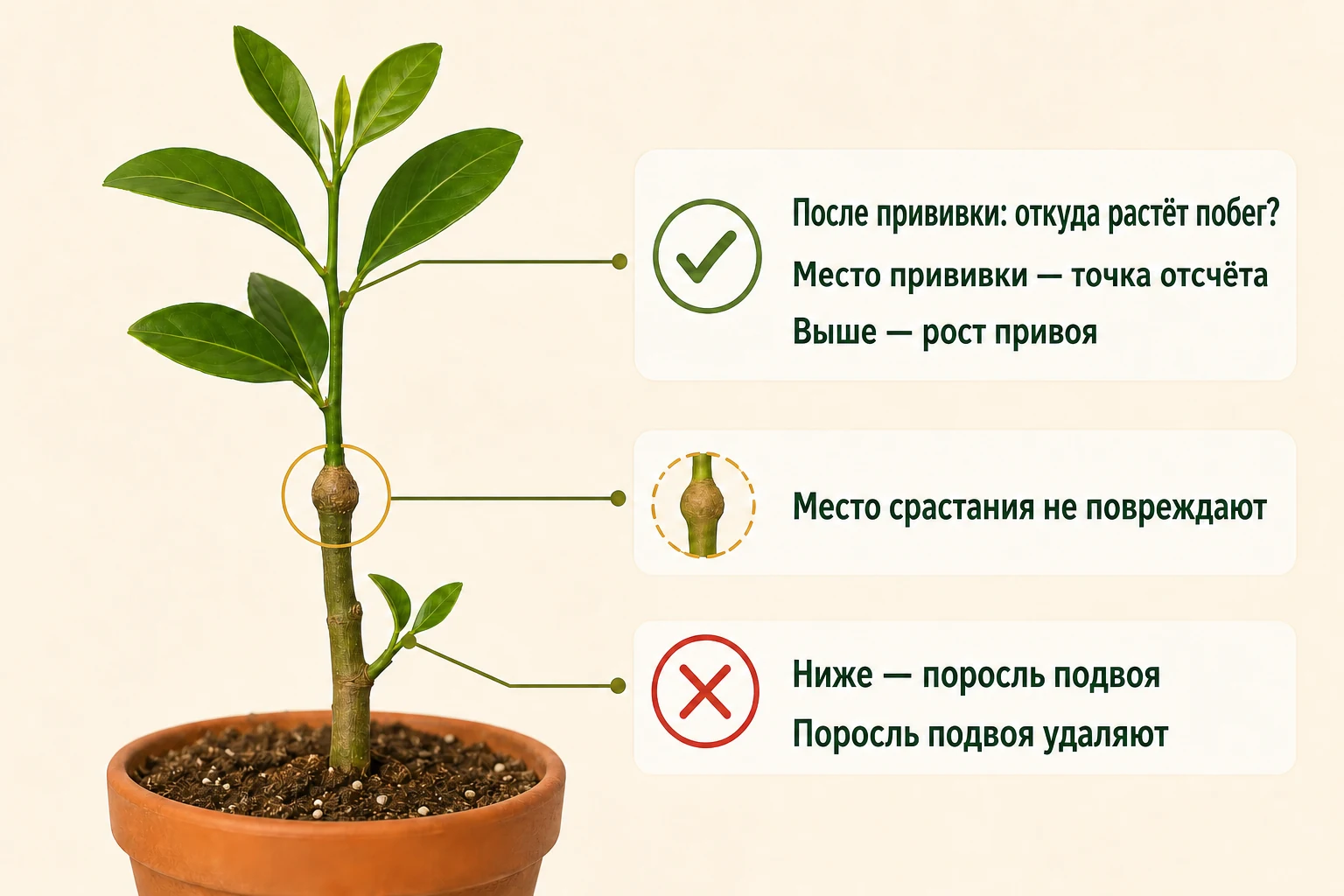 Как отличить побег привоя от поросли подвоя: место прививки служит границей, верхний рост сохраняют, нижнюю поросль удаляют.